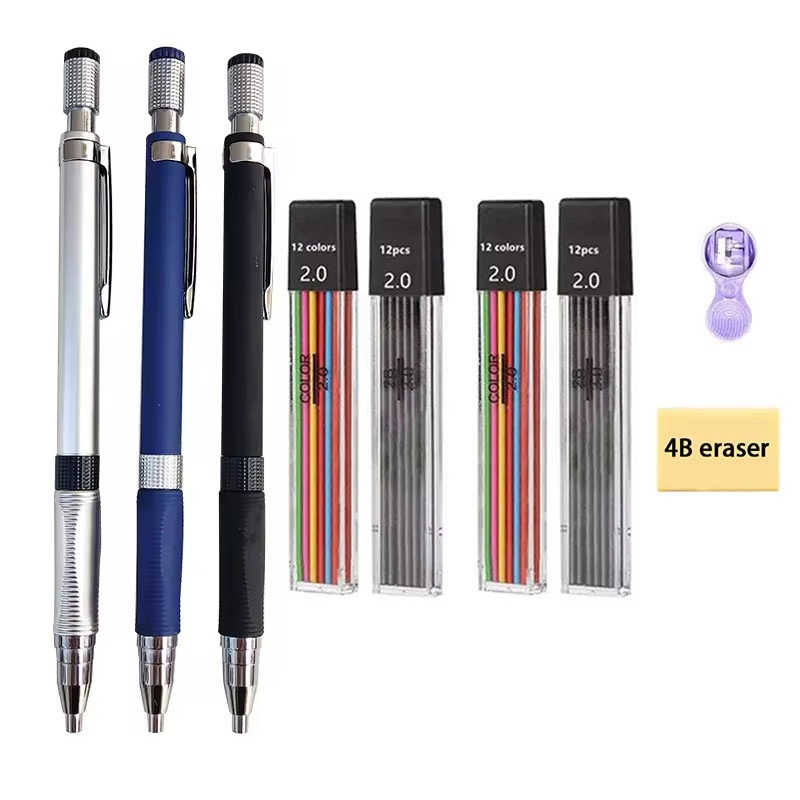 Mechanical Pencil Lead - 2,0-mm-Druckbleistift-Set mit 2B-Schwarz-/Farbstiften zum Schreiben, Skizzieren,